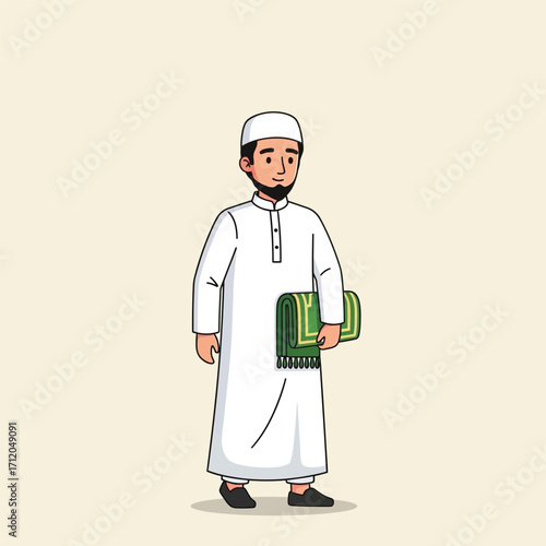 Cartoon illustration of a Muslim man in traditional white attire.