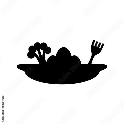 Silhouette of a healthy balanced meal with broccoli and a fork