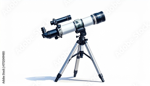 Refracting telescope with finderscope mounted on tripod — celestial focus, crafted observation, symbolic wonder.