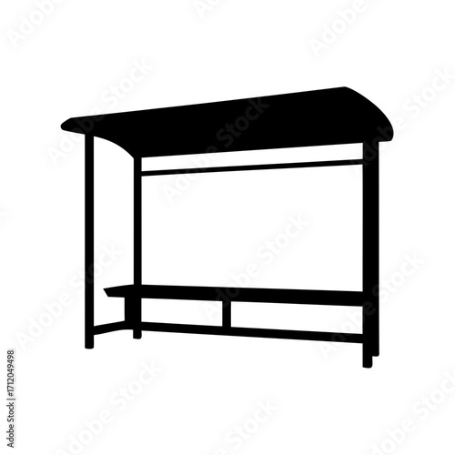 Black silhouette of a bus stop shelter with seating on white backdrop