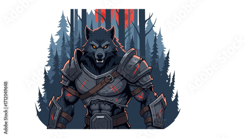 Fierce Wolf Warrior in Forest: A powerful wolf warrior stands defiant against a backdrop of a deep, ominous forest, their eyes gleaming with fierce resolve and embodying a fantasy of untamed power