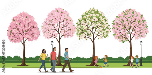 Spring park scene with cherry blossom trees, people walking, children playing, floral nature, family stroll, vector illustration, seasonal beauty