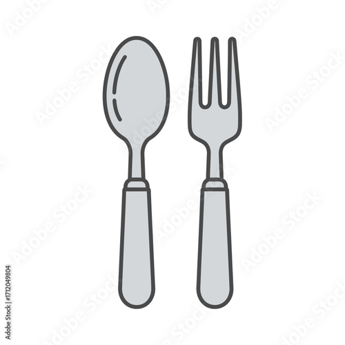 Simple line art illustration of a spoon and fork cutlery set.