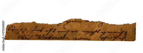 Vintage Torn Paper Strip With Ink Handwriting On Brown Background. Aged Scrapbooking Element, Perfect For Junk Journal Or Vintage Collage