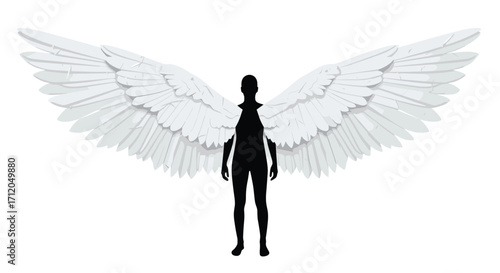 Stunning silhouette figure with magnificent white angel wings spread wide symbolizing freedom hope and ethereal beauty, Generative AI.