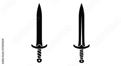 Two black silhouette swords stand vertically simple and iconic design