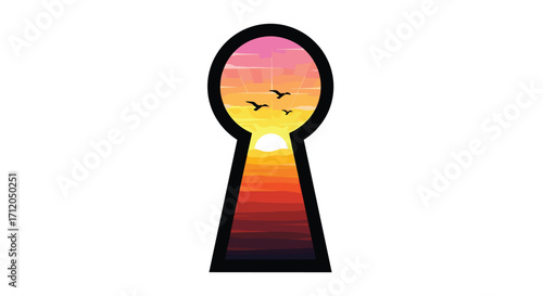 Unlock your dreams with a vibrant sunset view through a keyhole silhouette inspiring hope and new beginnings as birds soar, Generative AI.
