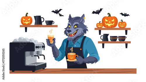 Spooky Cafe: An eye-catching illustration that captures a whimsical cafe setting for Halloween with a werewolf barista, pumpkin decor, espresso machine, and a warm, inviting ambiance.