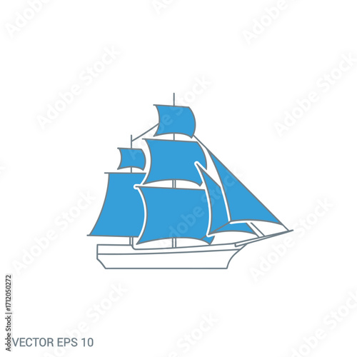 Vector illustration of a classic tall sailing ship with blue sails.