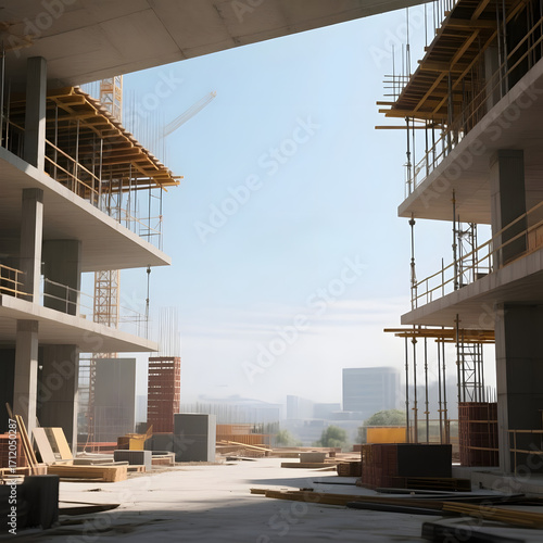 Construction site view with scaffolding and building materials in daylight  
