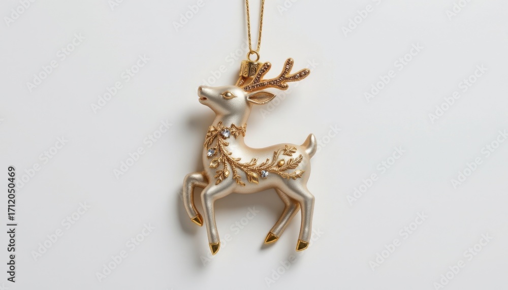 Fototapeta premium high resolution metallic holiday ornament shaped like a reindeer, featuring pearl white and champagne, displayed on seamless white background with minimal shadow.
