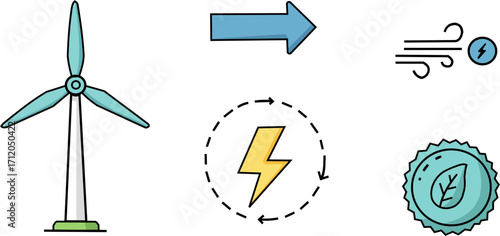 set of flat wind energy icons, turbine, wind direction, electricity, eco-friendly badge