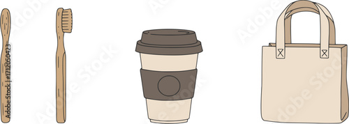 minimal vector set of icons for zero waste lifestyle, bamboo toothbrush, reusable cup, shopping bag