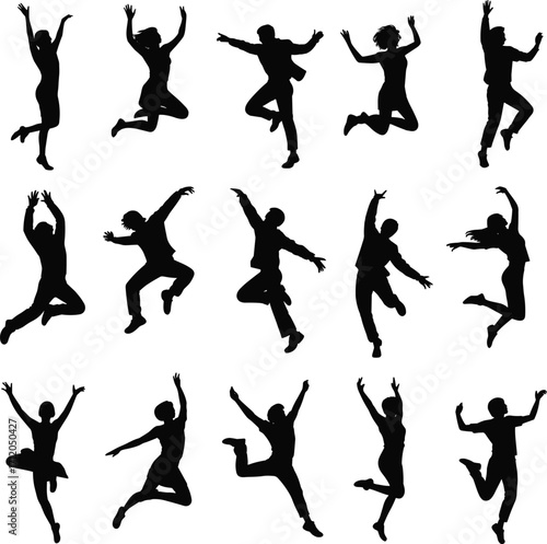 Jumping and dancing silhouettes collection, energetic people poses, human motion, fitness activity, celebration, performance art, movement illustration, expressive body design
