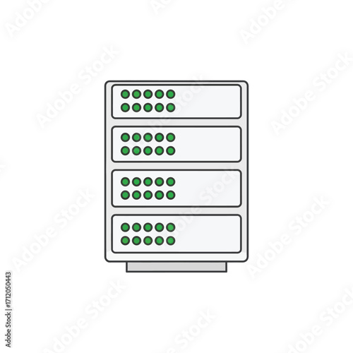Server rack with four units and green lights icon.
