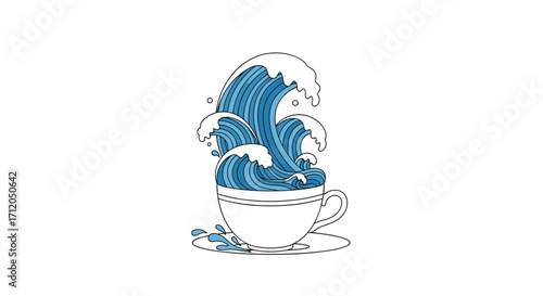 Energetic ocean waves erupting from a pristine white teacup creating a dynamic and refreshing visual metaphor for powerful ideas and creativity, Generative AI.