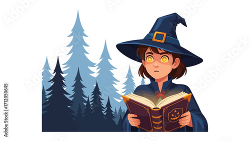 Enchanting Spellcaster: A young sorceress delves deep into a mystical tome, her glowing eyes illuminating a forest backdrop, embodying arcane wisdom and magical pursuit.