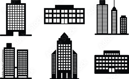 Modern building silhouettes collection, skyscraper icons, city skyline illustration, urban architecture, high‑rise towers, real estate, construction, metropolitan design, office blocks
