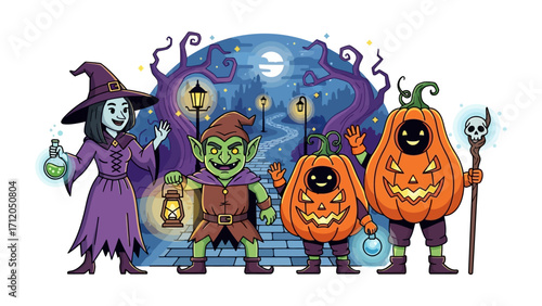 Halloween Gathering: A captivating illustrated scene of four charming characters, perfectly embodying the essence of a spirited Halloween celebration, brimming with joy and festive cheer.