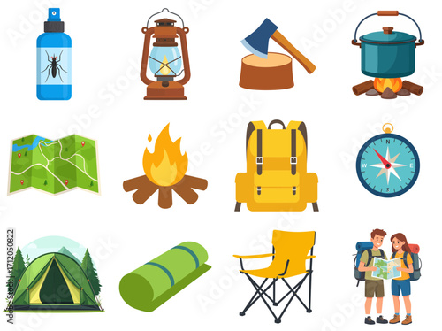 A variety of colorful camping and outdoor recreation icons are shown in a grid.