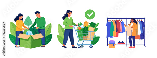 A variety of illustrations show people donating clothes, shopping for groceries, and organizing clothes.