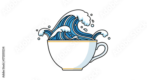 Stunning ocean waves crashing into a minimalist white teacup representing powerful ideas and creative inspiration bursting forth, Generative AI.