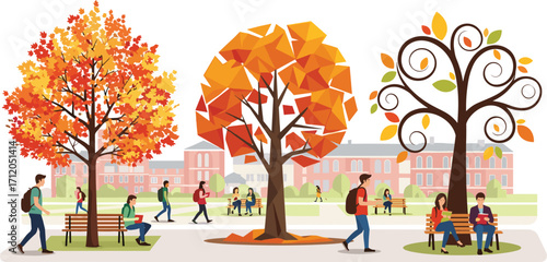 University campus in autumn, colorful fall trees, students walking, outdoor study, seasonal foliage, academic life, nature scene, college atmosphere, education
