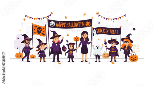 Happy Halloween Illustration: Captivating Halloween scene with Trick or Treat banners, cheerful tricksters, and spooky decorations. A fun-filled illustration of Halloween celebration. 
