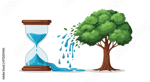 Hourglass pouring water onto a vibrant green tree symbolizing time growth and nature's essential resources, Generative AI.