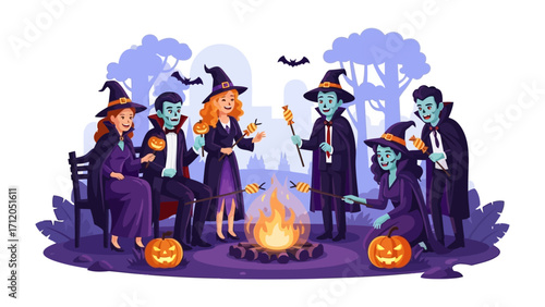 Enchanting Halloween Gathering: A festive group of witches and vampires share a bonfire under the spooky night sky, a whimsical illustration of the holiday's spirit.