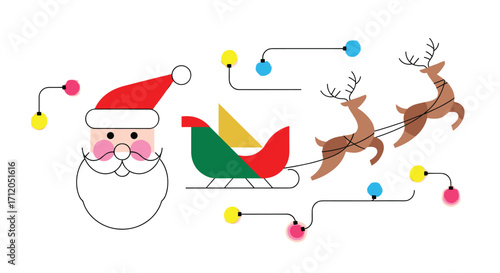 Festive Santa Claus and reindeer sleigh delivering holiday cheer with vibrant Christmas lights perfect for seasonal greetings and joyful designs, Generative AI.