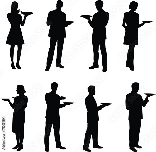 People silhouettes with plates, eating and serving food poses, hospitality icons, restaurant service illustration, dining lifestyle, social gathering design