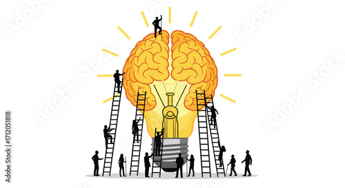 Teamwork powers innovation brainstorming to build bright ideas together climbing ladders to creative genius and success, Generative AI.