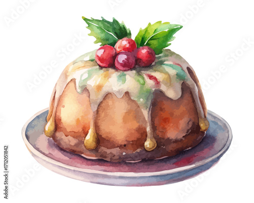 Watercolor Christmas Pudding vector illustration isolated on white background