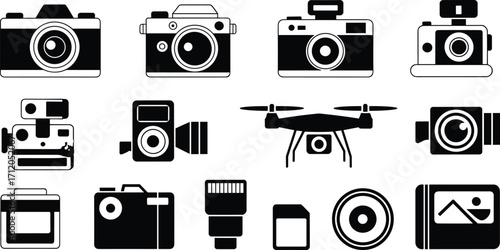 Photography icons collection, camera and lens symbols, drone, memory card, photo illustration, videography tools, technology design, creative media equipment