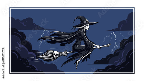 Spooky Witch Flying on Broom: An illustration captures a witch soaring through a stormy night sky on her broom, a skull adorning its front, invoking Halloween spirit and magic.