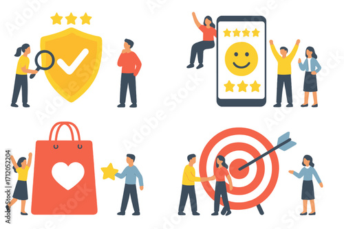 Customer experience vector set. Satisfaction, feedback, quality service concepts. People give review ratings. Business goals, marketing target, and brand loyalty icons.