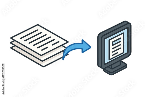 Isometric icon of document scanning and digitization. Concept of converting paper documents to digital files. Data transfer and storage. Paperless office workflow vector illustration.
