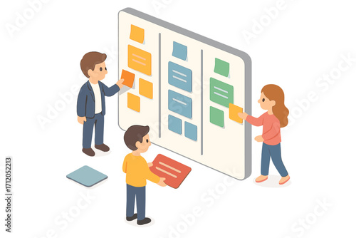 Teamwork concept of project management with agile methodology. People working on scrum board planning tasks with sticky notes. Customer journey map and kanban workflow process.