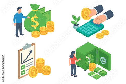 Finance and money management isometric icon set. Concepts of investment, savings, banking, and wealth growth. Vector illustration for business, economy, accounting, profit.