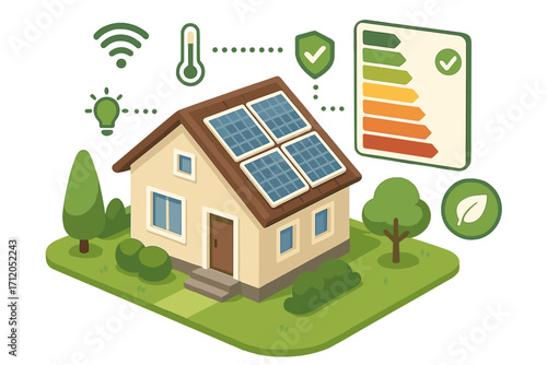 Energy-efficient smart home with solar panels and green technology. Isometric vector illustration of a sustainable house with energy performance certification and eco icons.