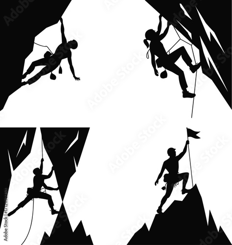 Rock climber silhouettes collection, extreme sports icons, mountain climbing illustration, adventure challenge, outdoor activity, achievement, fitness, exploration design