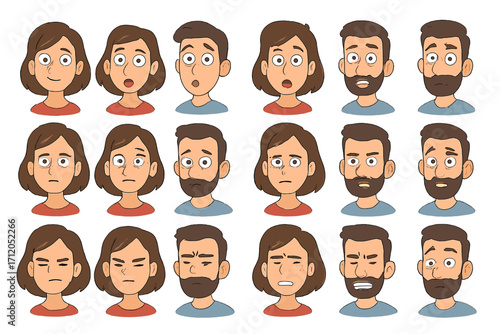 Facial expressions character set. Man and woman emotion collection. Happy, sad, angry, surprised face. Moods. Psychology concept. Vector cartoon avatar head bust illustration.