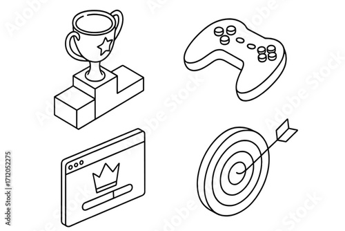 Gamification isometric outline vector icon set. Business and marketing strategy for user engagement. Achievement, goal, award, and level up concepts for motivation.