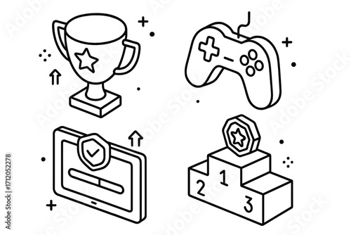 Gamification concept isometric icon set. Winner trophy, prize medal, competition podium, game controller and level up badge. User engagement and motivation outline vector.