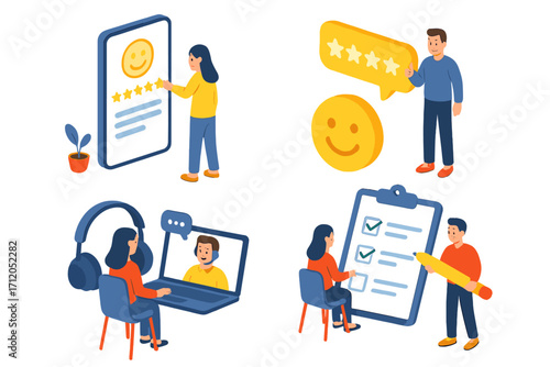 Isometric customer experience vector set. People giving 5-star rating feedback and online review. Client satisfaction survey, checklist, and online customer support.