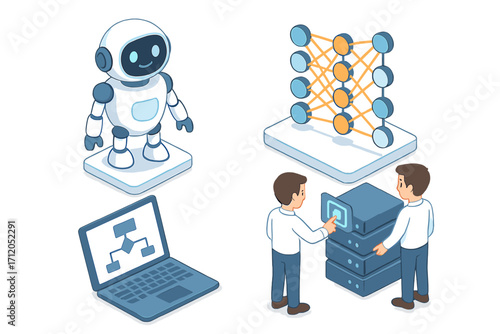 AI and machine learning isometric icon set. Data science, neural network structure, and server administration concept. Vector illustration of a chatbot robot and developers working.