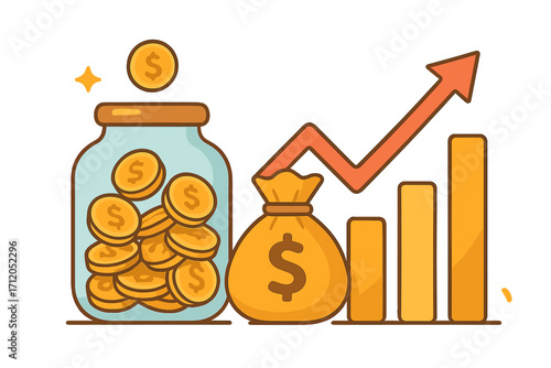 Investment and savings growth concept. Flat vector illustration of money jar, coins, and bag with bar chart and arrow up. Financial success, income profit, and wealth.