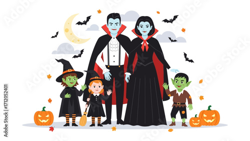 Spooky Halloween family portrait: A whimsical family dressed in classic Halloween attire, exuding both charm and a hint of spookiness. The image captures the joy and excitement of a beloved holiday.