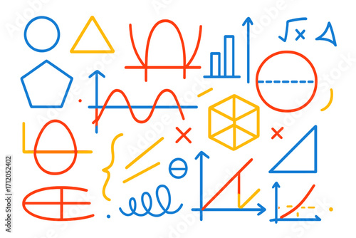 Math abstract background. Vector set of geometry, algebra symbols. Line art of function graphs, charts, geometric shapes. Science, education, data analysis, statistics concept.